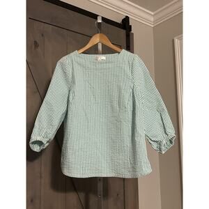 Renuar Women's S Seersucker Striped Round Neck Puff Sleeve Money Coastal Top